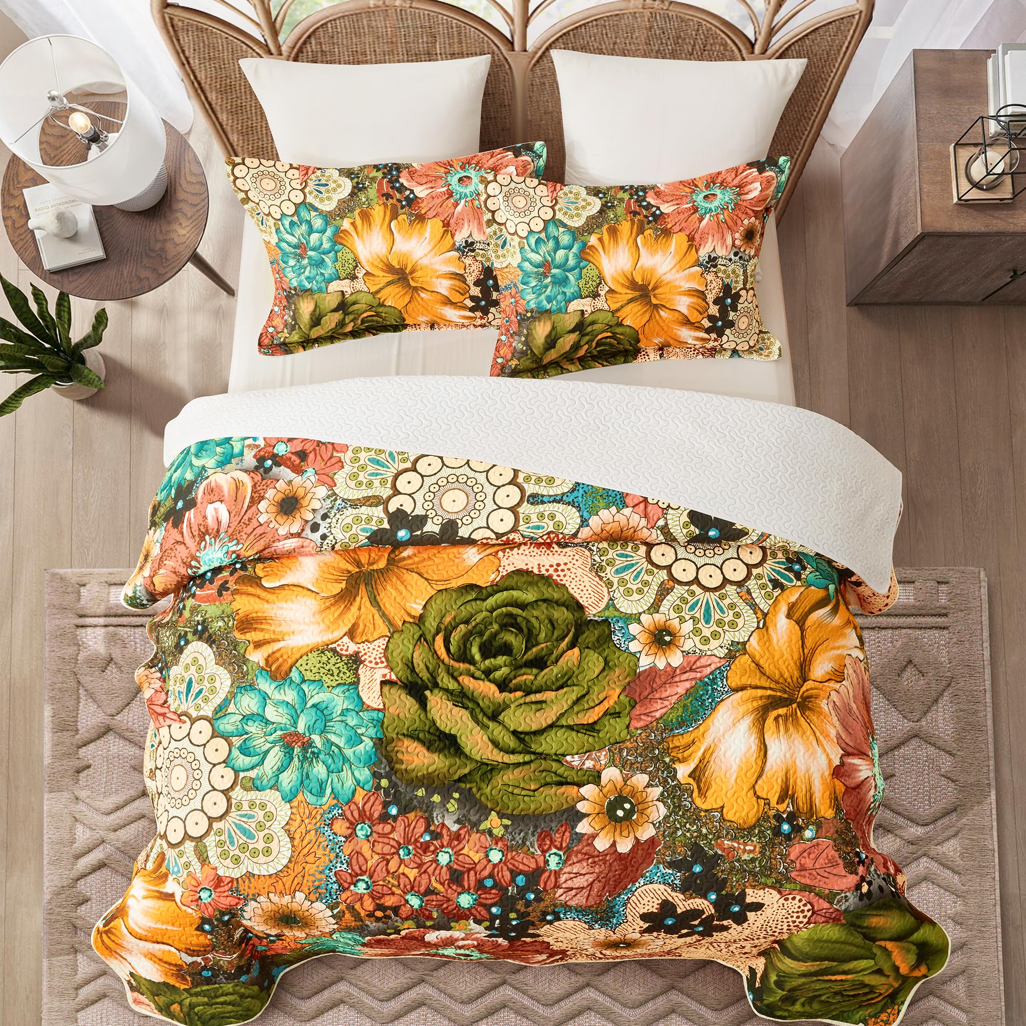 Boho Floral Quilt Sets King Size Reversible Mid Century Quilt Bedding Set Bohemian Design Soft Bedspread 3 Pieces Microfiber Lightweight Coverlet with 2 Pillow Shams for All Seasons, 106''x96''