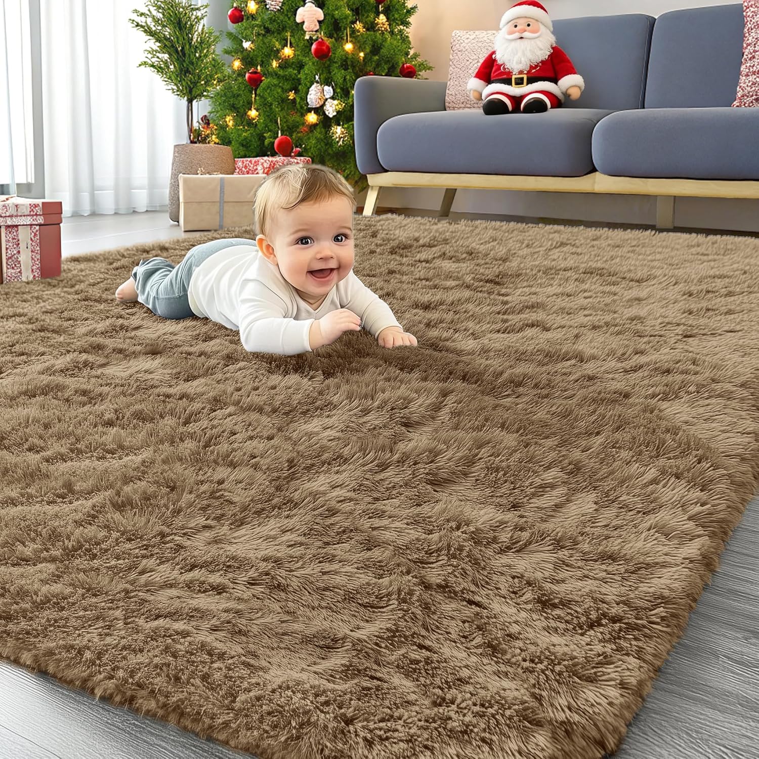 OLANLY Area Rug - Soft Fluffy Shaggy Design | Machine Washable 4x5.9 ft for Living Room & Bedroom - Taupe