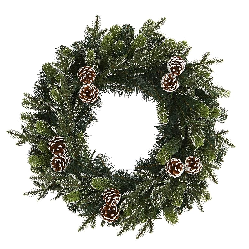 24-Inch Pre-Lit Christmas Wreath with Snowed Pinecones, 35 LEDs