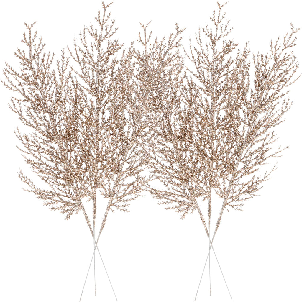 Sea Team 24-Pack Artificial Glitter Pine Tree Twig Ornaments, Decorative Sticks, Glittery Stems, Picks, Branches for Christmas Tree, Small Vase, Holiday, Wedding, Party (14 Inches, Champagne)