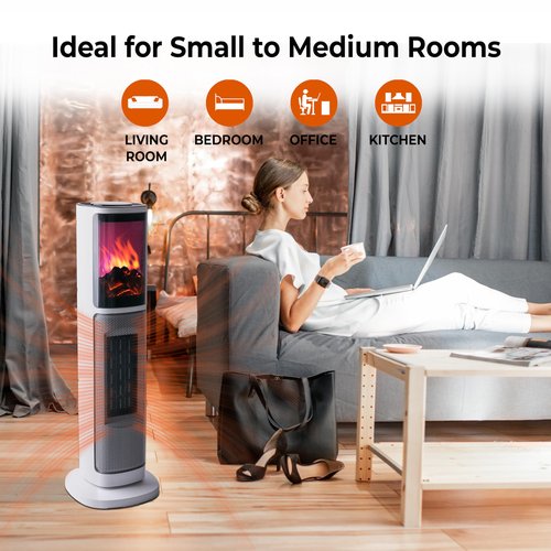 Comfort Zone 25-Inch Oscillating Tower Space Heater with 3D Flame Effect – 1500W Ceramic Electric Fireplace Heater, Digital Thermostat, 8H Timer, Remote Control & Advanced Safety Protection – Black