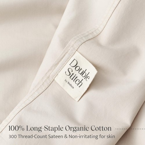 Double Stitch Organic Cotton Sheets King Size - Soft & Breathable Sheet Set 4 Piece, Luxury 300 TC Sateen Weave Bedding, 100% GOTS Certified Long Staple Cotton, Made in India, Linen