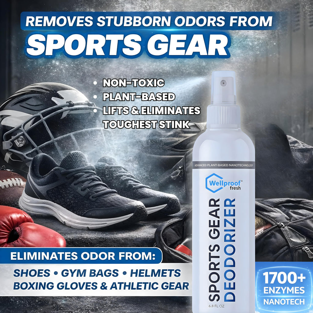 Wellproof 2-in-1 Sports Gear Cleaner & Odor Eliminator - 3X Powerful Nano-Enzyme Deodorizer for Athletic Gear, Baseball, Hockey, Football, Boxing, MMA, Gym Bag | Plant-Based | Remove Stink & Dirt