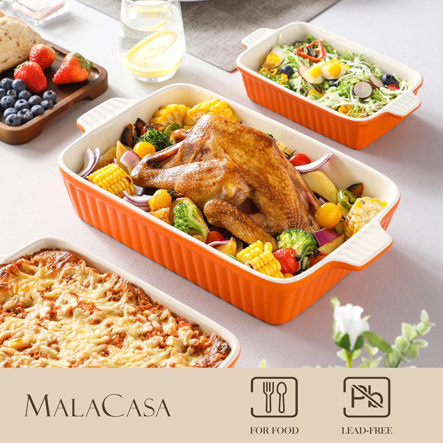 MALACASA Casserole Dishes - Porcelain Bakeware Set of 4 in White and Orange for Oven Cooking