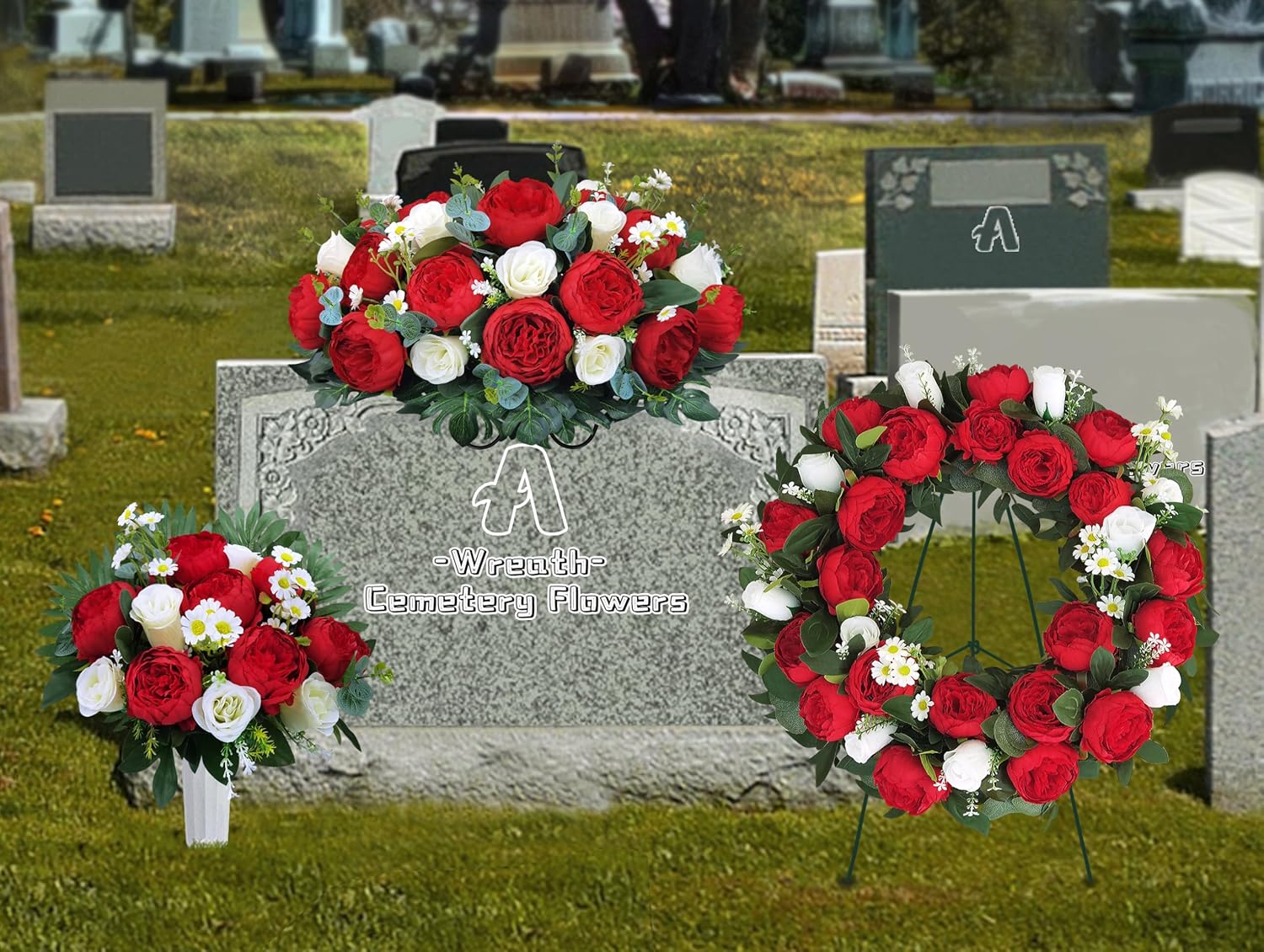 Memorial Day Cemetery Wreaths - Red Peony & White Rose Artificial Flower Arrangement on Metal Stand