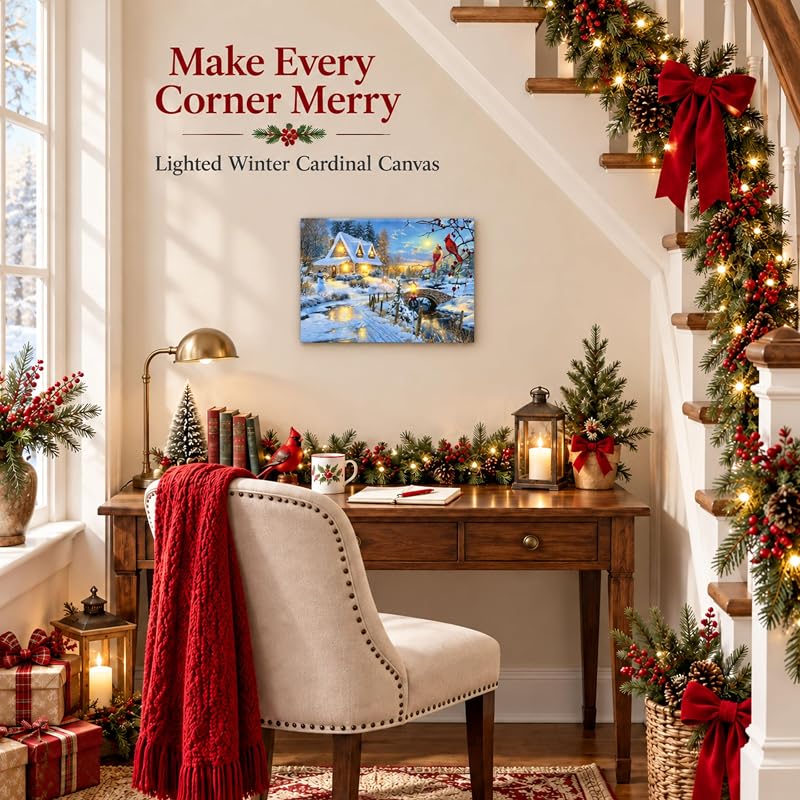 LED Wall Art - Snowy Cottage Scene with Cardinal birds, Snowman & Bridge (Variation 1) 11.75" x 15.75"