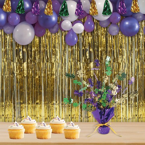 Beistle Mardi Gras Gleam 'N Burst Centerpieces, 3-Piece Metallic Table Decorations in Green, Purple, and Gold with Comedy Tragedy Icons for New Orleans Parties and Celebrations, 15”