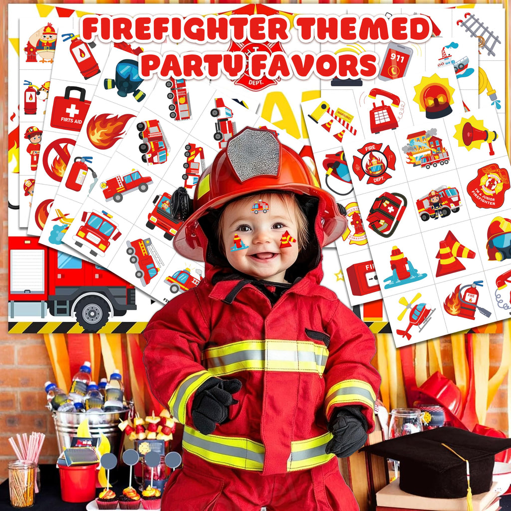 96 PCS Firefighter Firetruck Pre-Cut Temporary Tattoos for Kids | Super Cute Themed Birthday Party Favors,Goodie Bags Fillers, Supplies, Decorations, Fake Tattoo Stickers (Multiple)