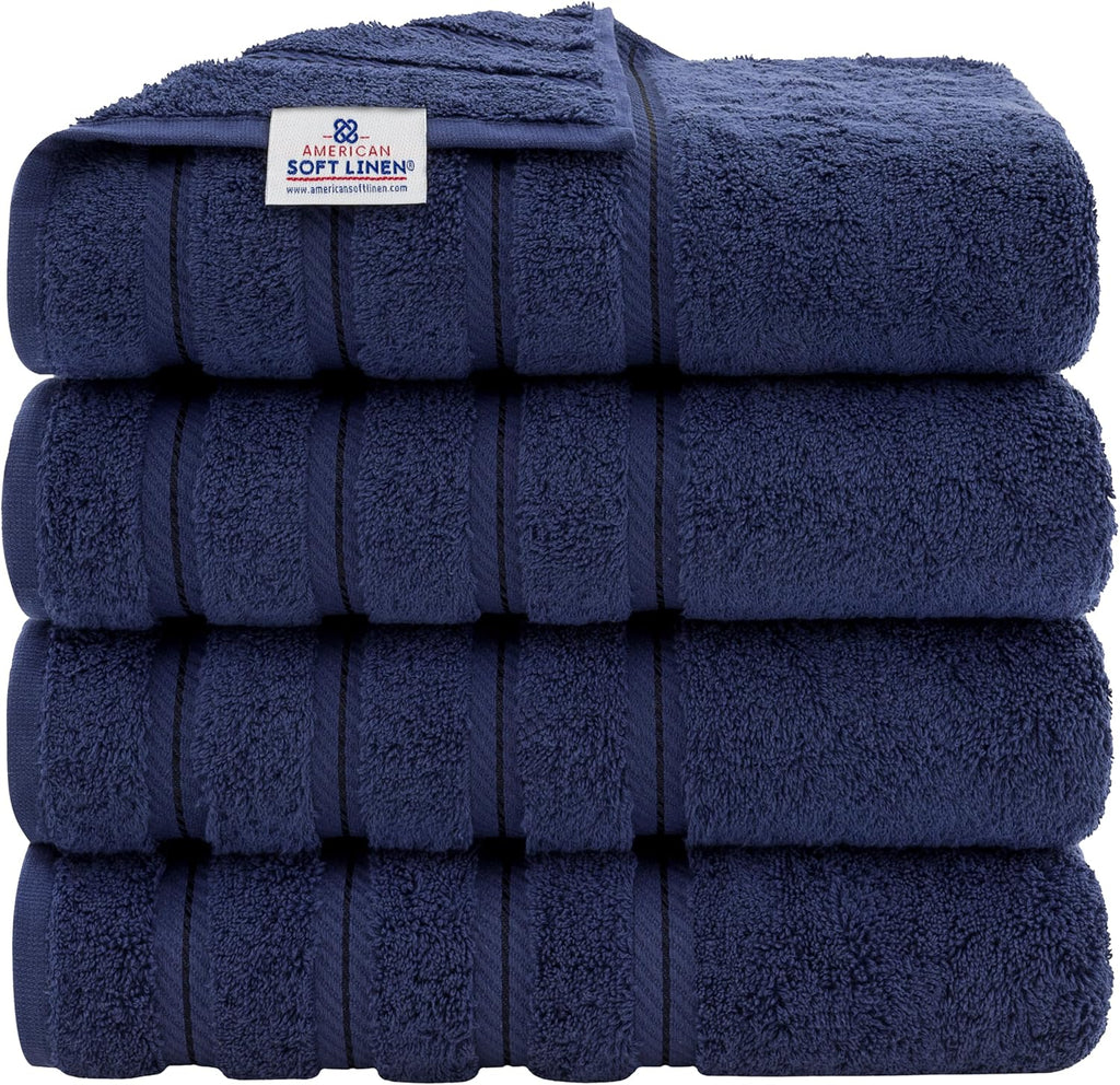 American Soft Linen Luxury Bath Towel Set - 4 Piece, 600 GSM 100% Cotton, Extra Large Navy Blue 27x54 in