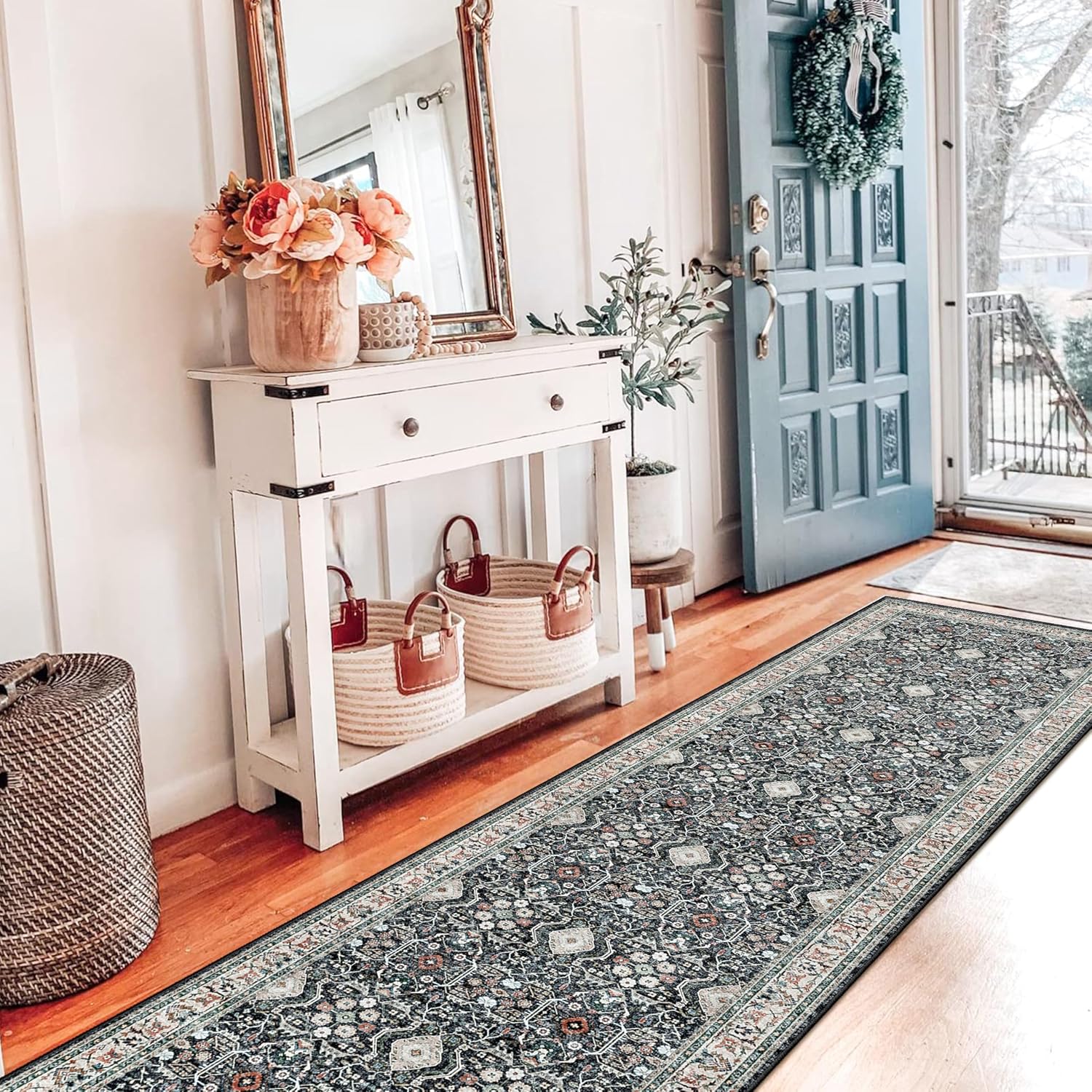 Skiennix Non-Slip Runners - Washable Ultra Soft Vintage Kitchen Rug | 2x12 Black Area Mat for Hallways & Living Rooms