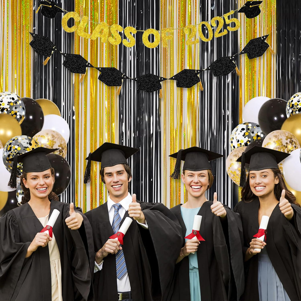 Melsan Graduation Decorations 2026 - Foil Fringe Curtains | 3 Pack Gold Tinsel Backdrop 3.2 x 8.2 ft