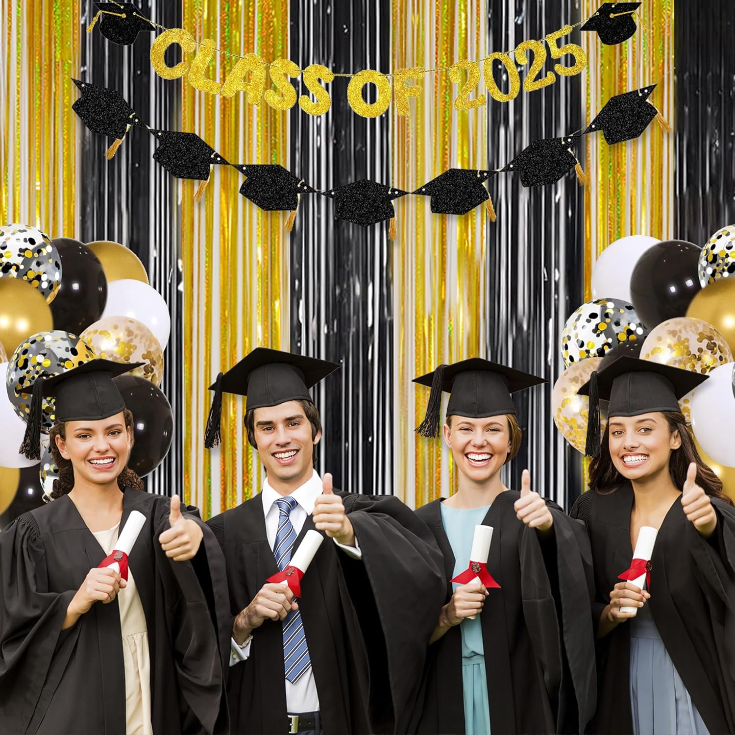 Melsan Graduation Decorations 2026 - Foil Fringe Curtains | 3 Pack Gold Tinsel Backdrop 3.2 x 8.2 ft
