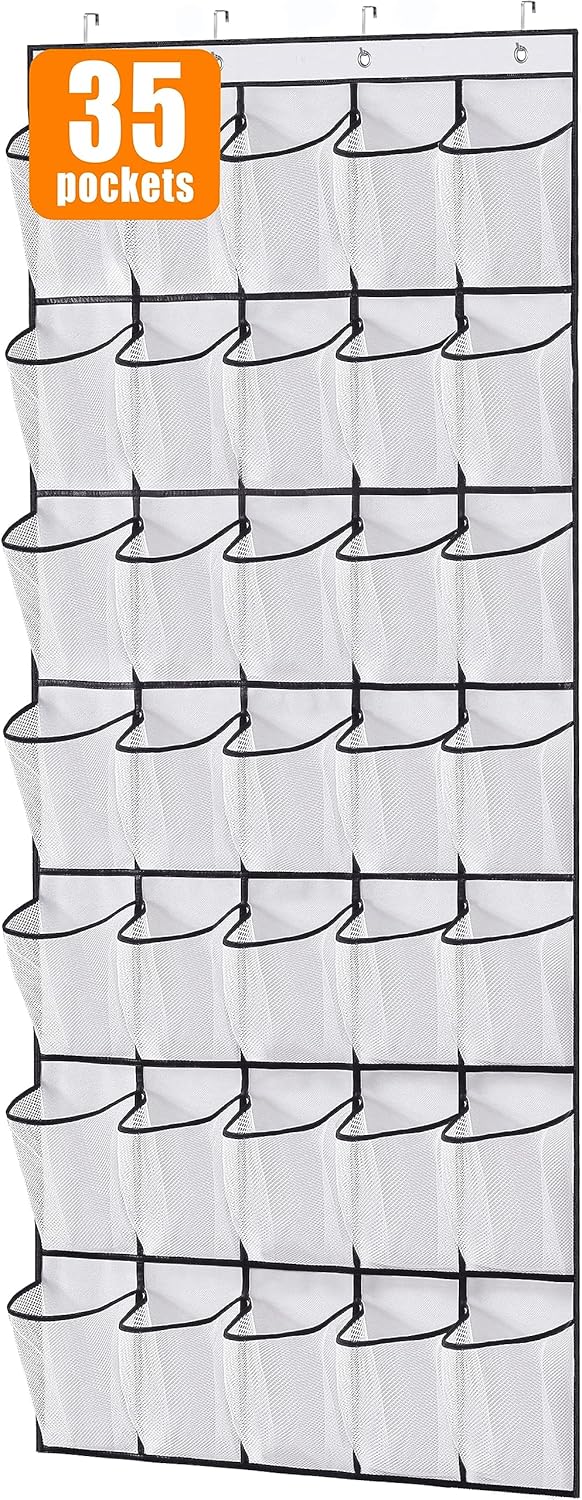 MISSLO Over The Door Shoe Organizer - 35 Large Pockets, Sturdy Oxford Fabric, White