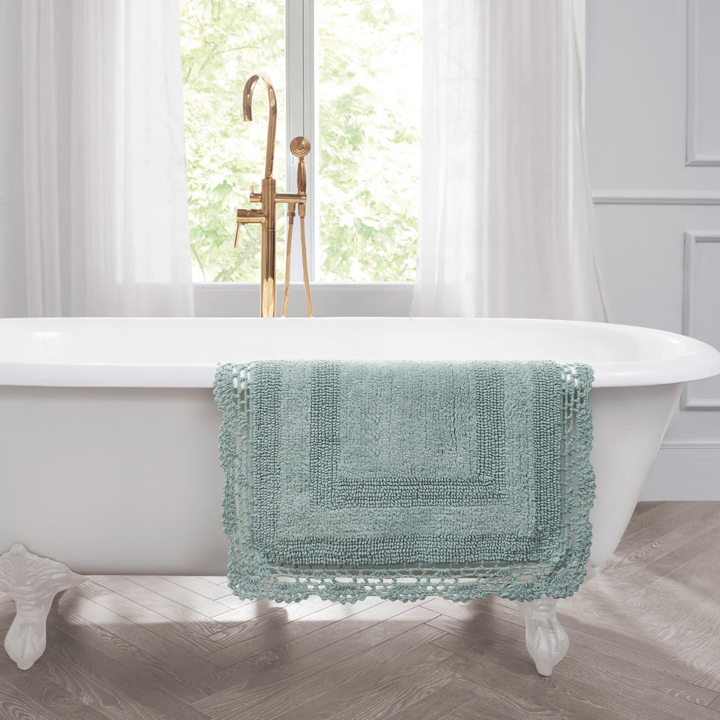 Laura Ashley Absorbent Bath Mat Reversible Crochet Soft and Plush Bathroom Mat 100% Cotton 17x24 Bath Rug, Aqua Blue