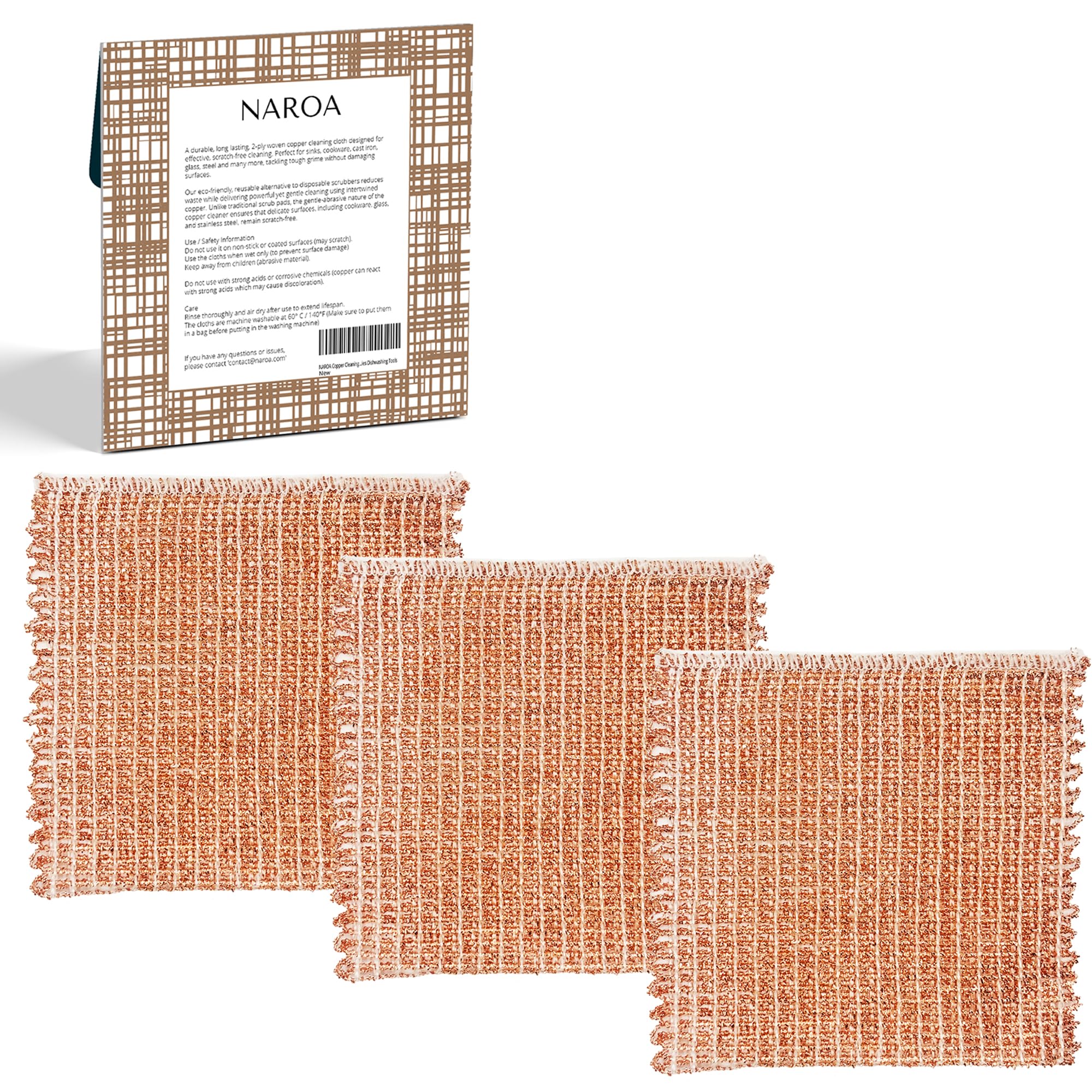 Naroa Copper Scrubbing Pads 3 Pack | 2-Ply Non-Abrasive Metal Mesh Scrubber | Reusable Copper Cleaning Cloth for Stainless Steel, Pots, Pans, Cast Iron | Kitchen Supplies Dishwashing Tools
