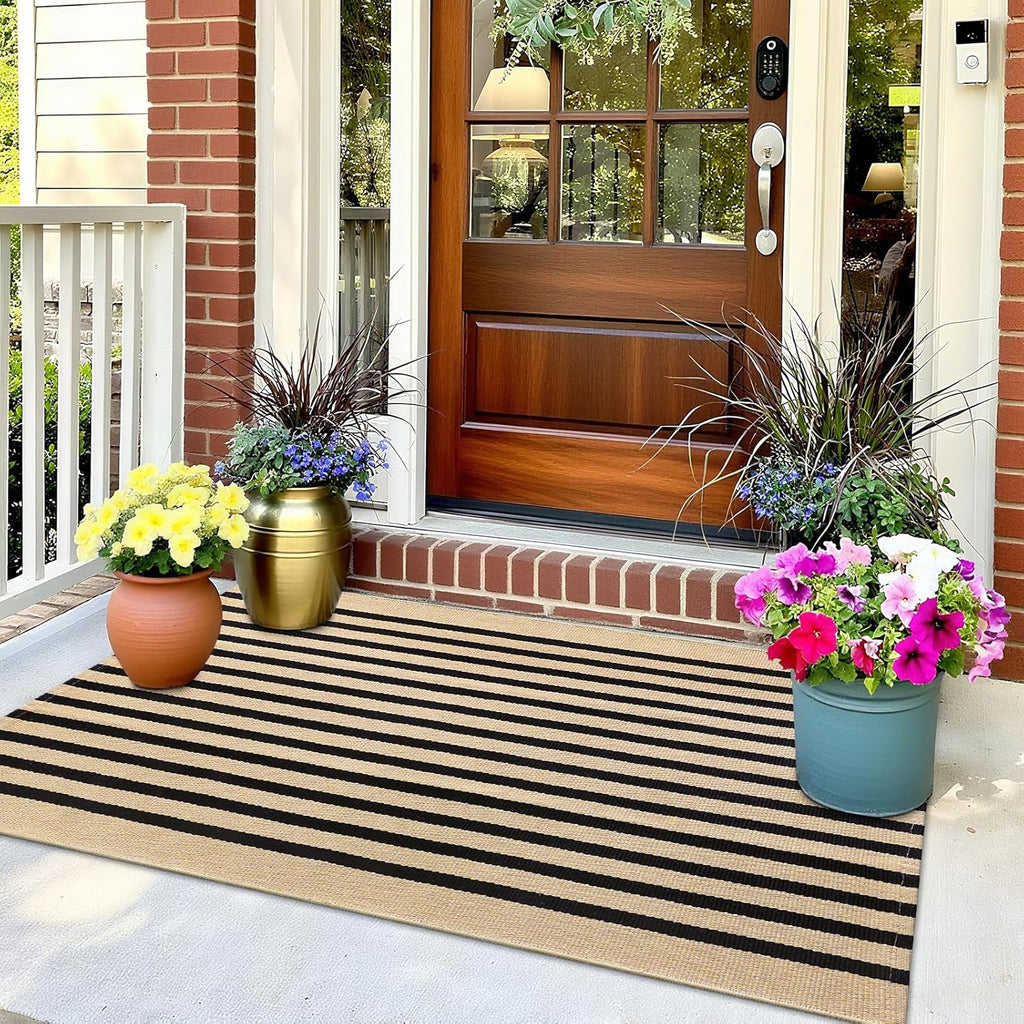 OLANLY Striped Rug - Washable Brown and Black Cotton Doormat | 2' x 3' for Indoor/Outdoor Use