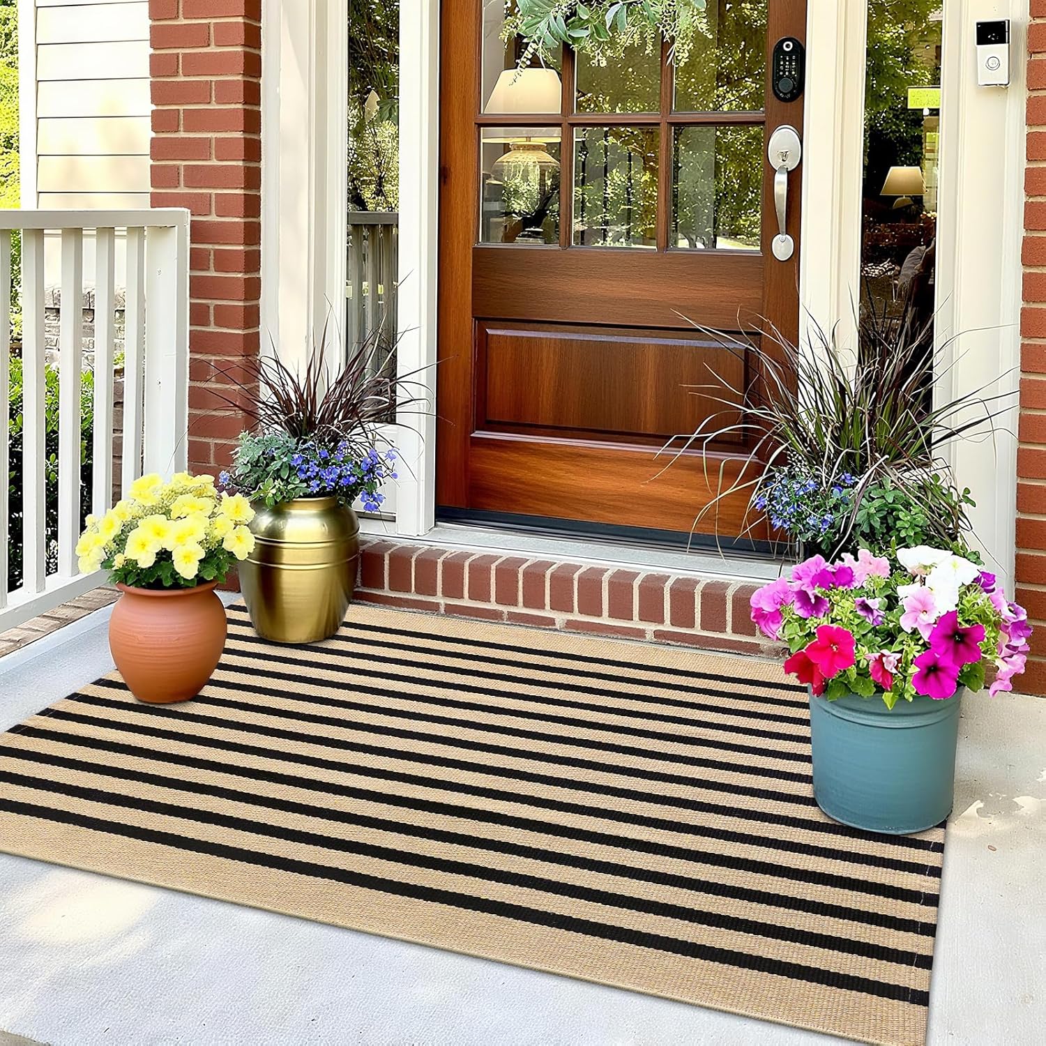 OLANLY Striped Rug - Washable Brown and Black Cotton Doormat | 2' x 3' for Indoor/Outdoor Use