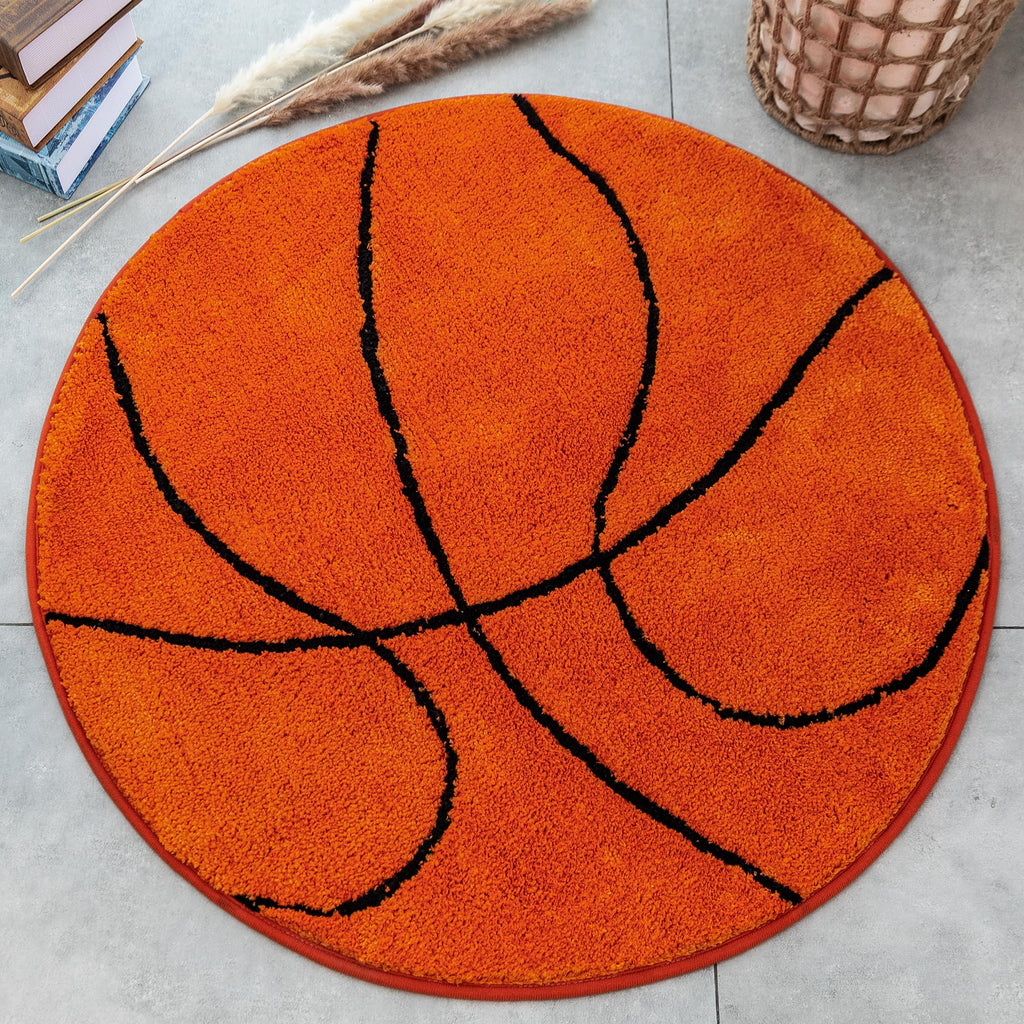 Fancytan Round Basketball Rug for Boys Bedroom, Washable Sports Round Rug for Kids Room, Basketball Room Decor, Orange (‌2'8", Round)