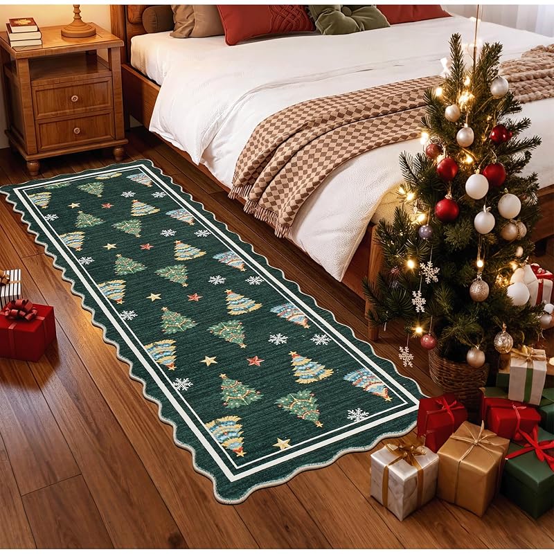 Ortiga Scalloped Christmas Runner Rug 2' x 6' Forest Green - Machine Washable