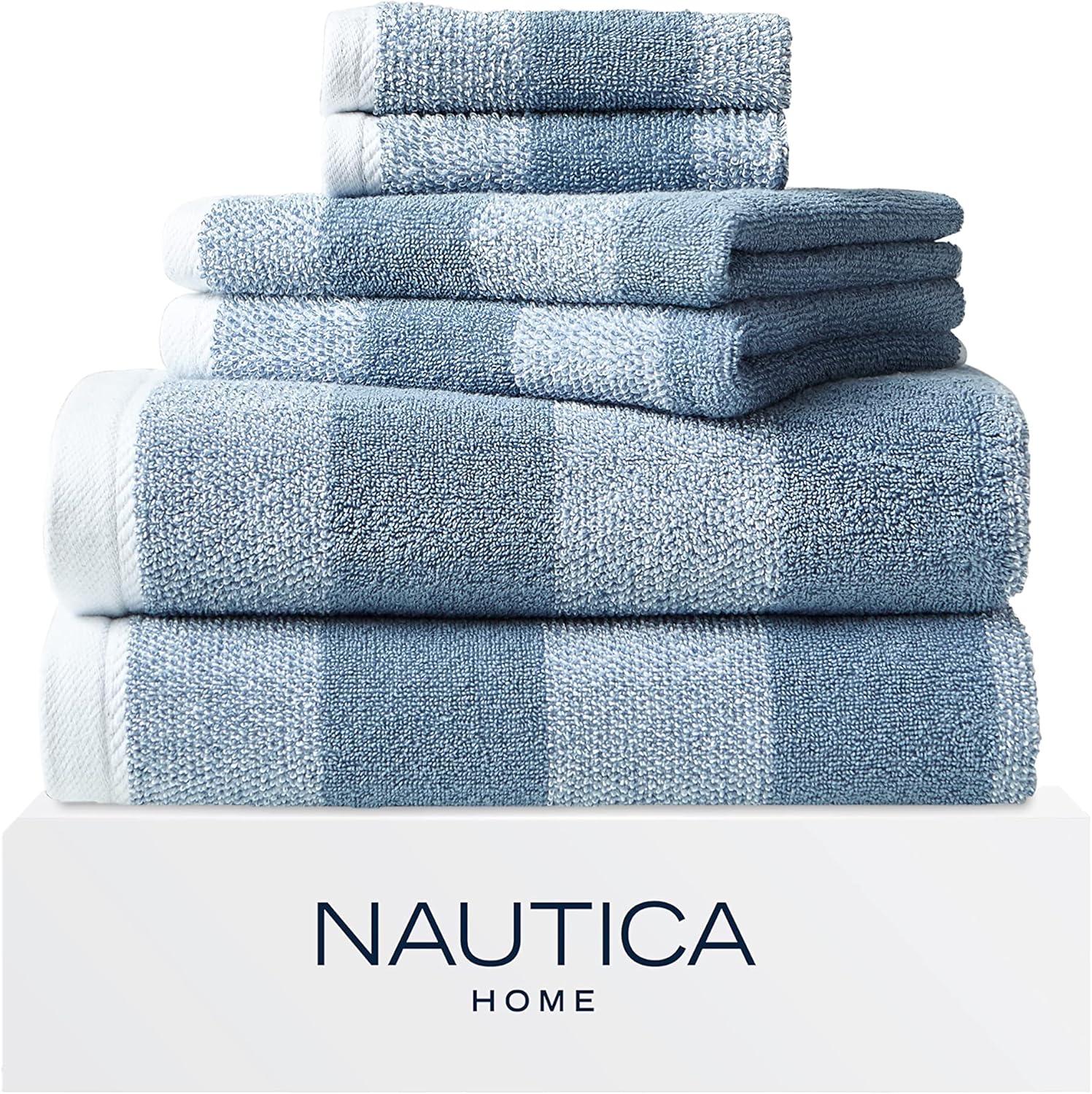 Nautica Bath Towel Set - Plush Cotton, Absorbent & Quick-Dry | Striped Americana Decor, Set of 6 in Oak Lake Blue