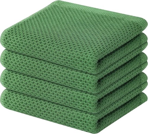 Homaxy 100% Cotton Waffle Weave Dish Towels - Ultra Soft & Absorbent, 13 x 28 Inches, 4-Pack | Grass Green
