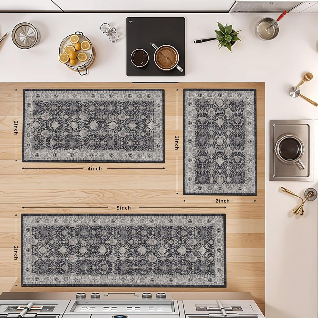 Skiennix Kitchen Rug Set - Farmhouse Washable Non-Slip Mats for Sink & Stove | Soft Cozy Runners (2x3, 2x4, 2x5, Black)