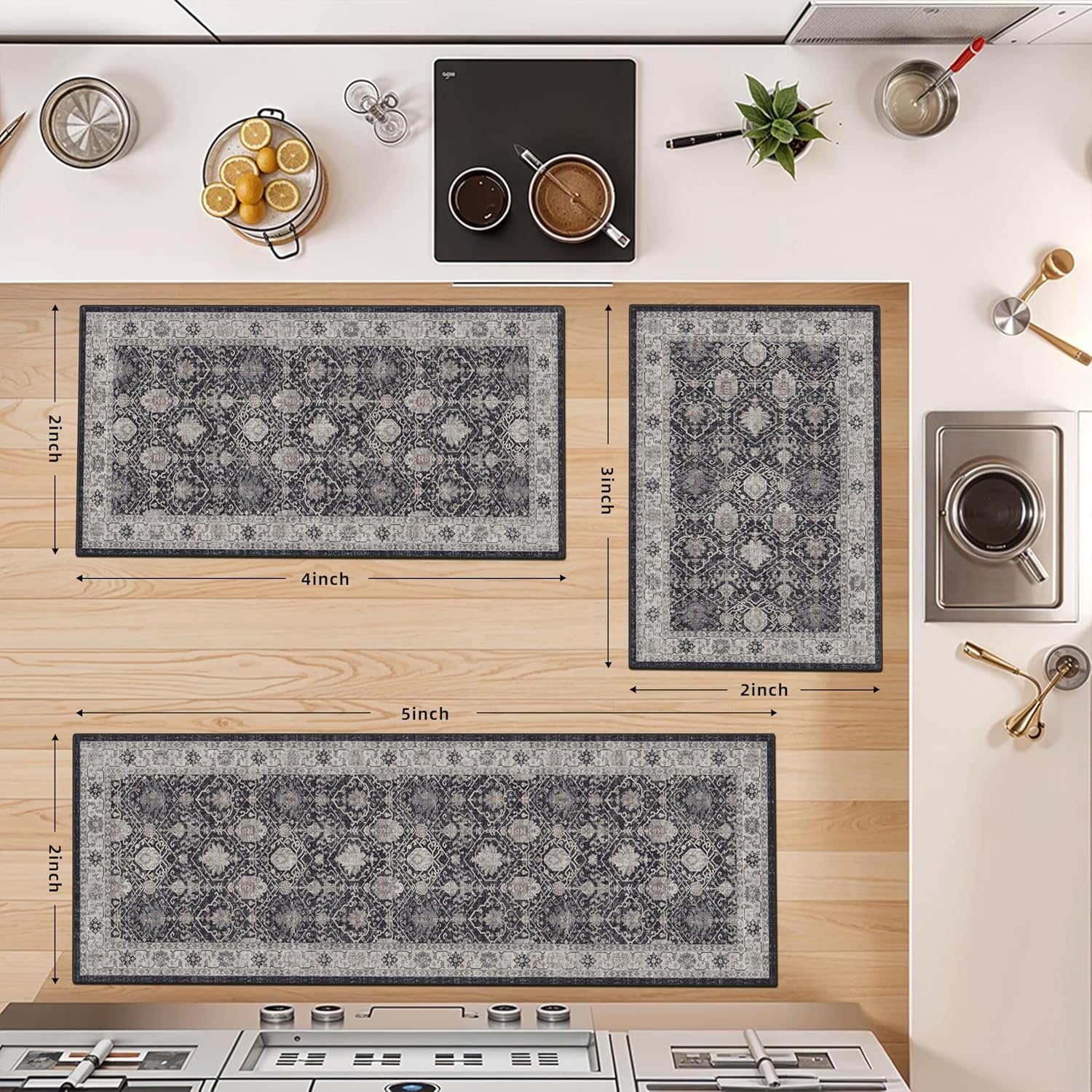 Skiennix Kitchen Rug Set - Farmhouse Washable Non-Slip Mats for Sink & Stove | Soft Cozy Runners (2x3, 2x4, 2x5, Black)