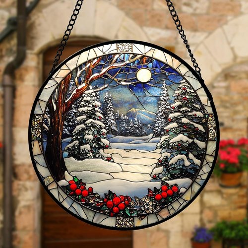 DASTOLL Stained Glass Window Hanging - Winter Snow Night Scenery Suncatcher | 9.8" Home Decor Gift