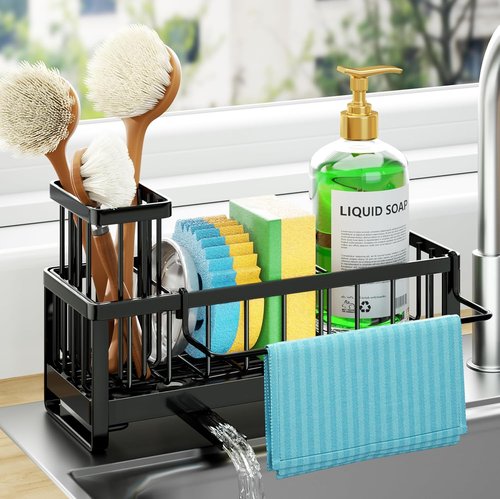HapiRm Sponge Holder - Self-Draining Kitchen Sink Caddy with Brush & Dishcloth Holders | Black Stainless Steel