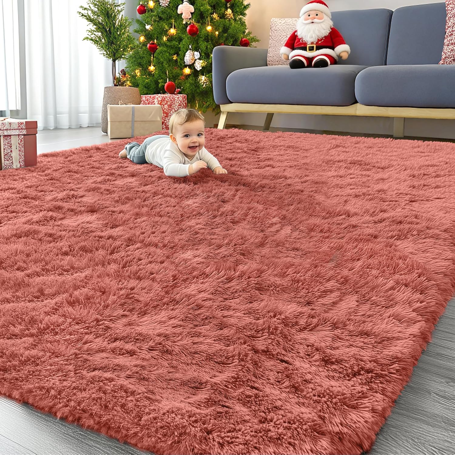 OLANLY Large Area Rug - Soft Fluffy Shaggy Carpet for Living Room & Bedroom | 9x12 Rust Red