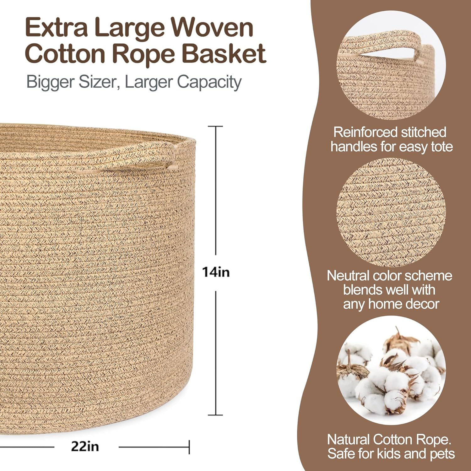 MEGASKET Large Wicker Storage Basket - 22” X 22” X 14” Cotton Rope Organizer for Kids & Pets | Brown Variegated Design
