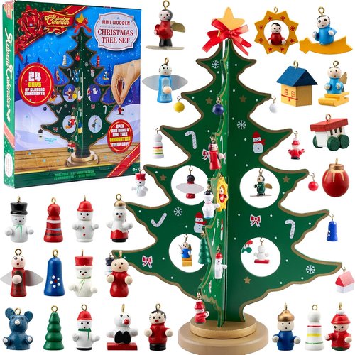 JOYIN Christmas Advent Calendar - 24 Days Countdown with Wooden Tree & 28 Ornaments | Perfect for Kids' Parties