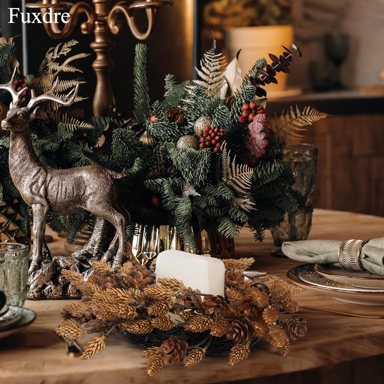 Regine Switzerland Christmas Candle Rings - 10 Inch Wreath with Artificial Brown Pinecones | Indoor Decor for Home Centerpieces