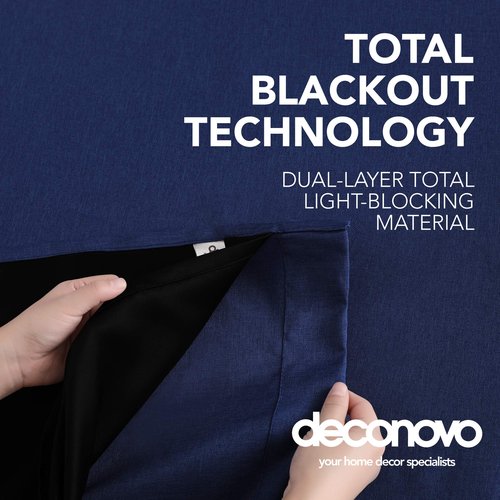 Deconovo Faux Linen Total Blackout Curtains Grommet Noise Reducing Panels with Black Backing for Living Room，2 Panels，Navy Blue，52Wx95L Inch