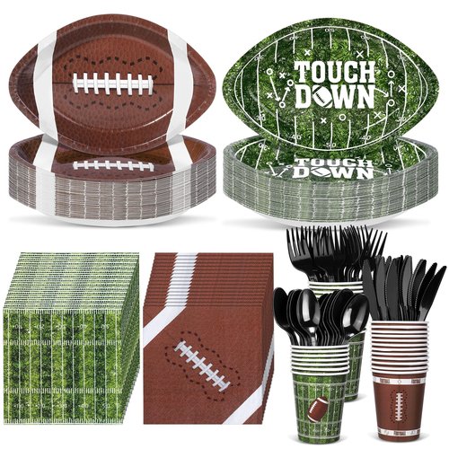 Kochorie 350 Pieces Football Party Decorations Tableware Set Football Disposable 11.8 x 7.8 Inch Paper Plate Cup Napkin Spoons Forks Knives for Sport Football Game Day Party Supplies Serve 50 Guests