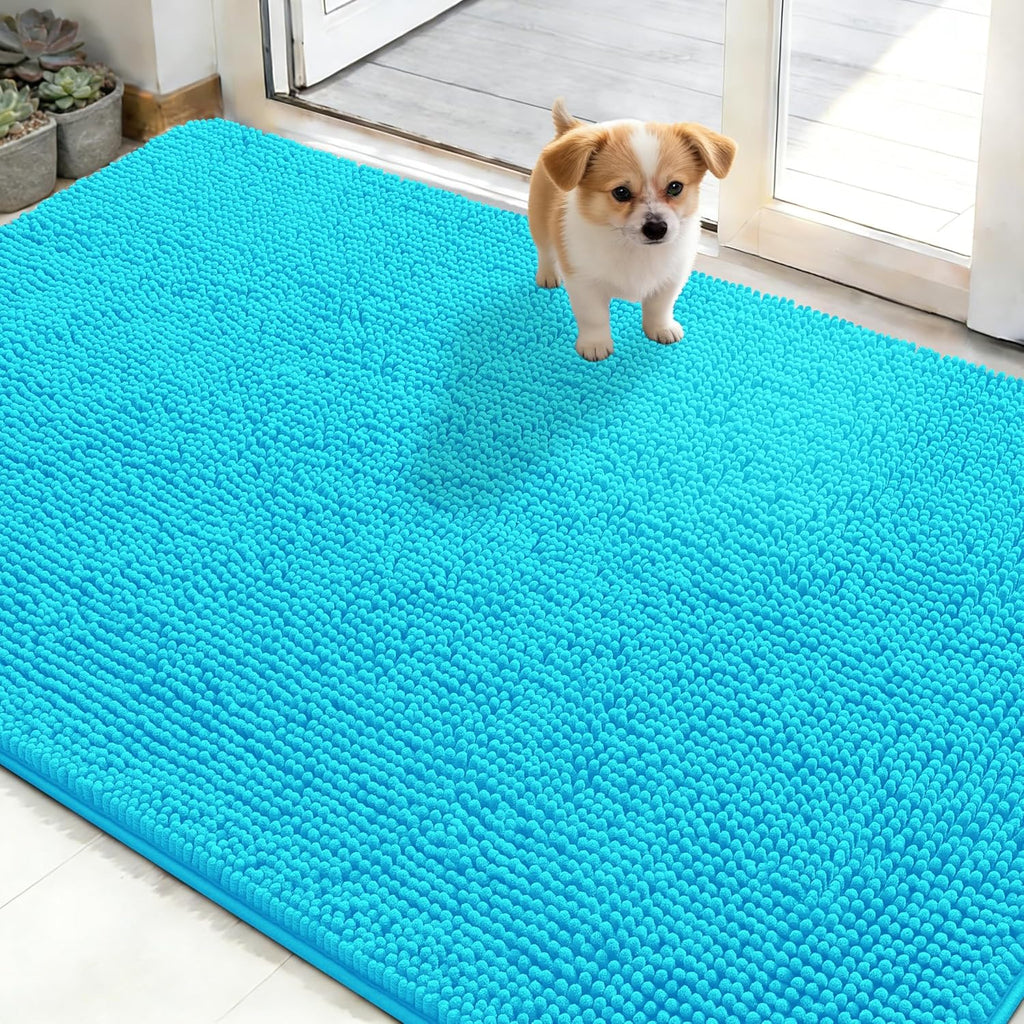 OLANLY Dog Door Mat - Absorbent Non-Slip Chenille for Muddy Paws | 48x30 Aqua Blue Indoor Carpet