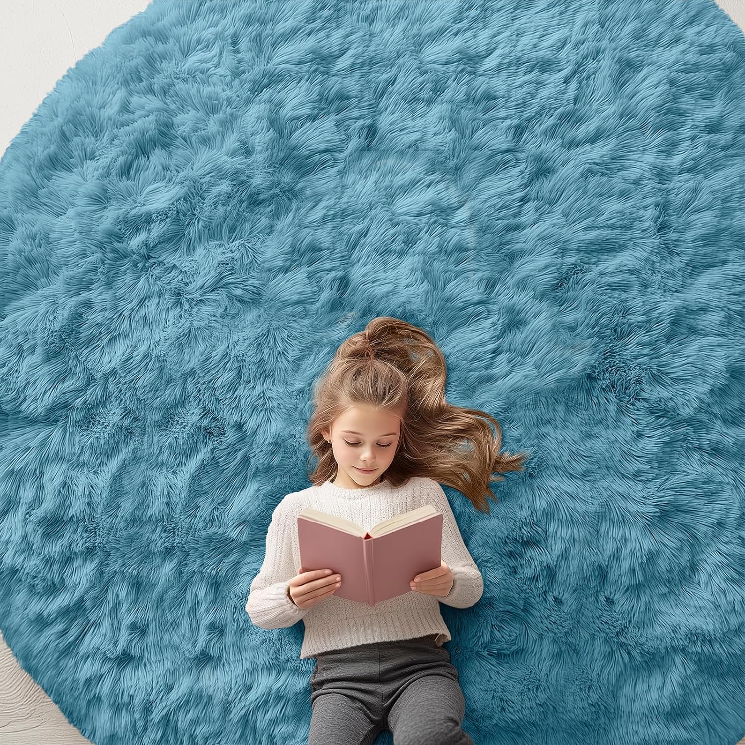 OLANLY Round Slate Blue Area Rug - Soft, Fluffy, Machine Washable 6 ft Circle Carpet for Bedroom & Living Room