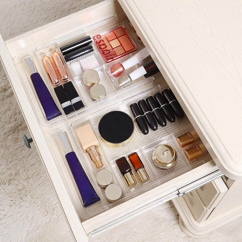 Oubonun Expandable Drawer Organizer - Shallow Cosmetic Storage Trays | 11.1” to 19.2” Width, 4 Packs, Clear