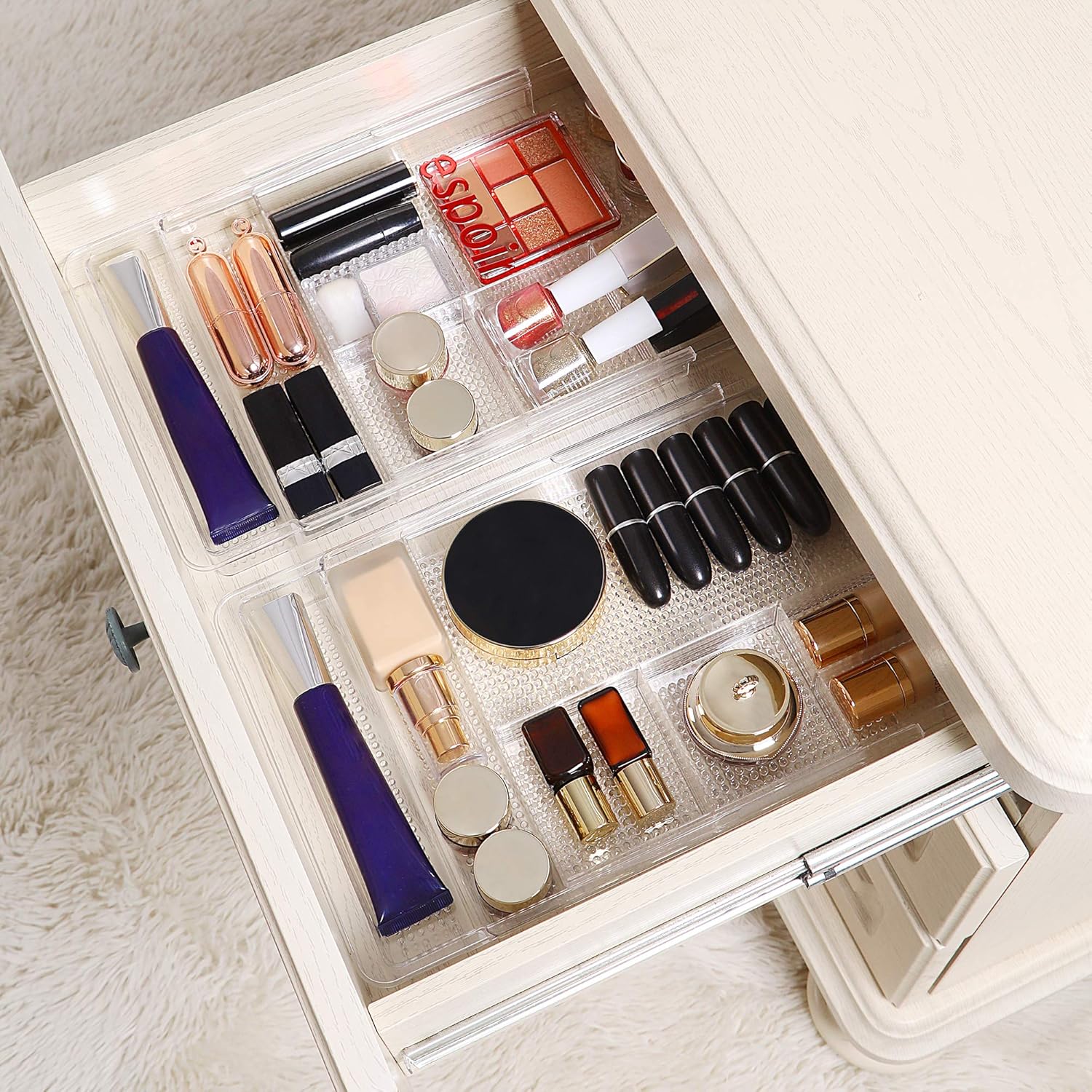 Oubonun Expandable Drawer Organizer - Shallow Cosmetic Storage Trays | 11.1” to 19.2” Width, 4 Packs, Clear