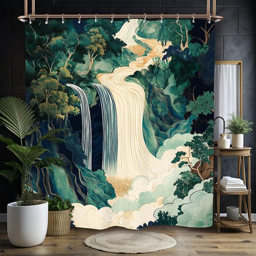 Miyotaa Abstract Waterfall Forest Shower Curtain Set 60Wx71H Inches Emerald Green Japanese Hokusai Aesthetic Landscape Forest Tree Polyester Waterproof Cloth Bathroom Curtain with 12 Hooks