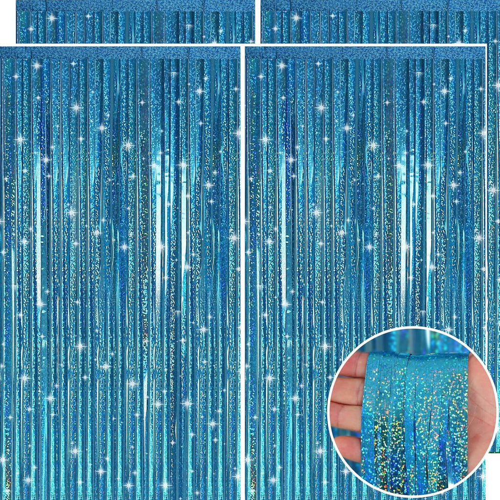 Picoway Blue Laser Foil Fringe Tinsel Backdrop Curtains - 4 Pack Ocean Themed Party Decor | Perfect for Birthdays, Engagements, and Showers