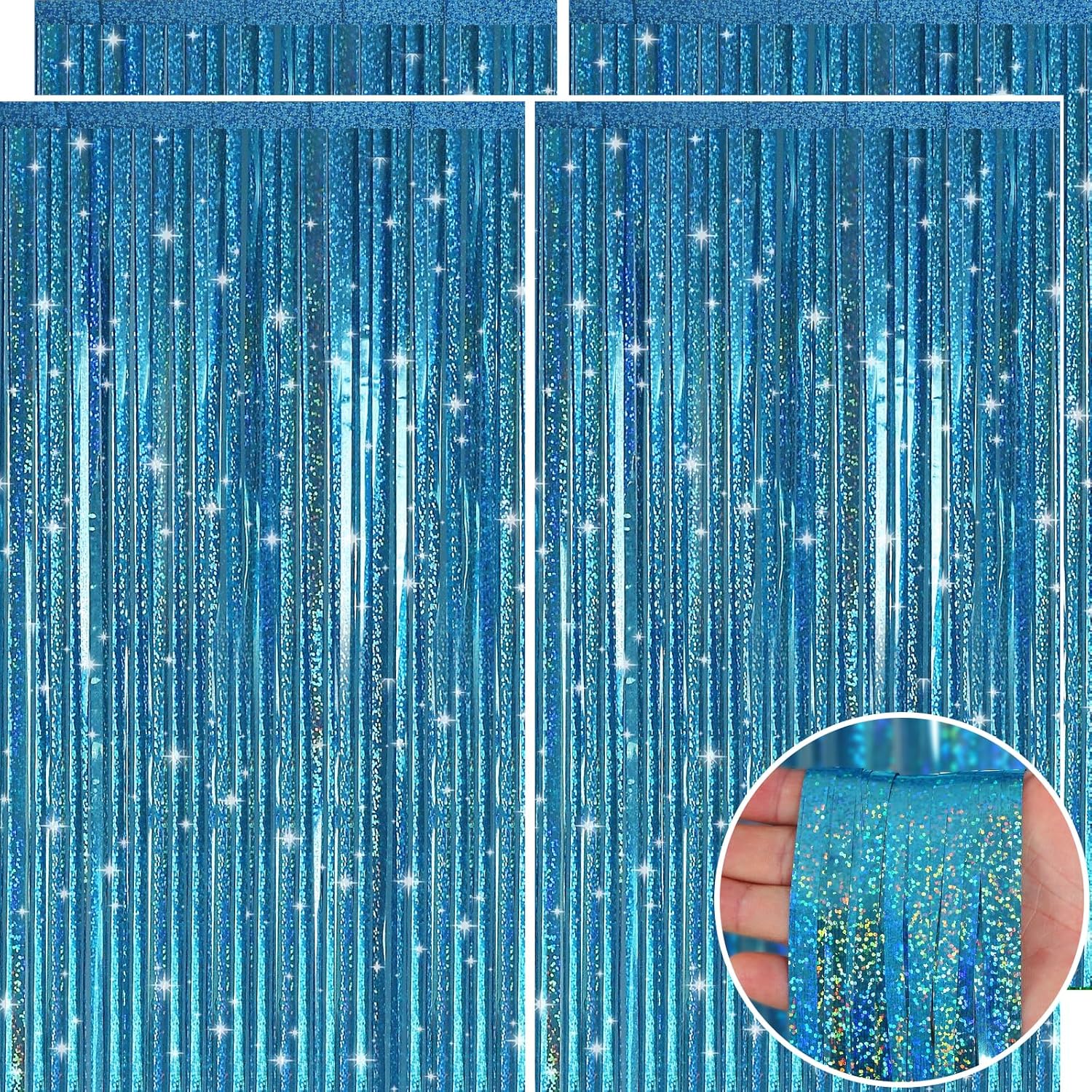 Picoway Blue Laser Foil Fringe Tinsel Backdrop Curtains - 4 Pack Ocean Themed Party Decor | Perfect for Birthdays, Engagements, and Showers