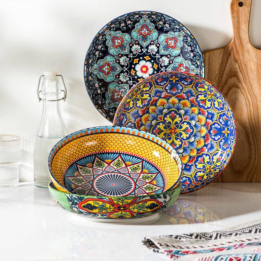 HENXFEN LEAD Pasta & Salad Bowls Set of 4, 45 oz Large Ceramic Serving Bowls – Colorful 9 Inch Wide & Shallow Bowls for Soup & Pasta, Microwave & Dishwasher Safe