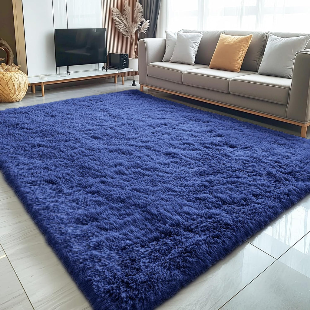 OLANLY 6x6 Area Rug - Soft, Fluffy Shaggy Design | Machine Washable Navy Blue Carpet for Kids & Nursery