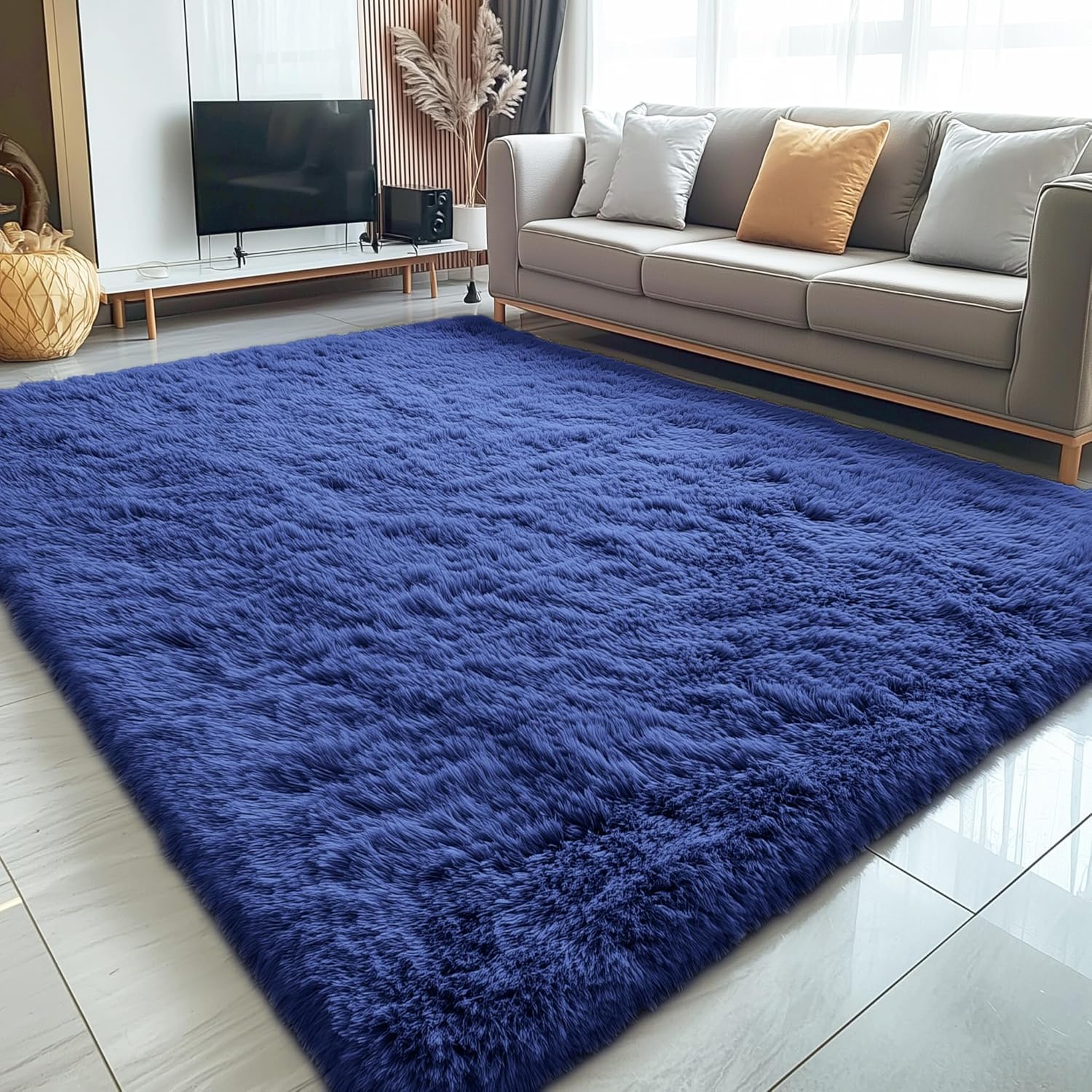 OLANLY Large Area Rug - Soft Fluffy Shaggy Indoor Carpet for Living Room & Bedroom | Navy Blue, 6x8 ft
