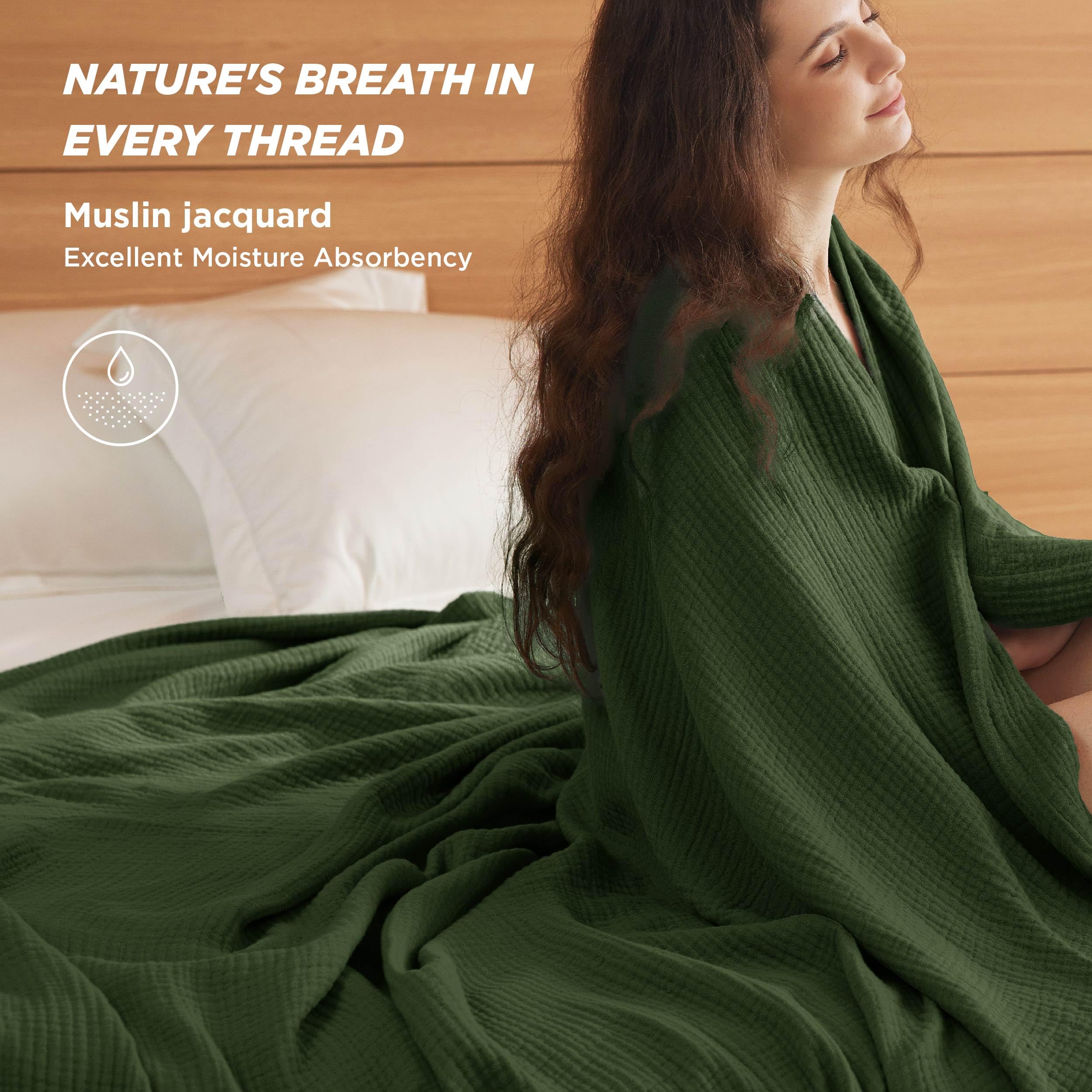Bedsure 100% Cotton Muslin Throw Blanket Large 50x70 Inches - 4-Layer Breathable and Lightweight Thin Soft Summer Gauze Muslin Blankets for Adults, Olive Green, Boho Cotton Throw for Couch