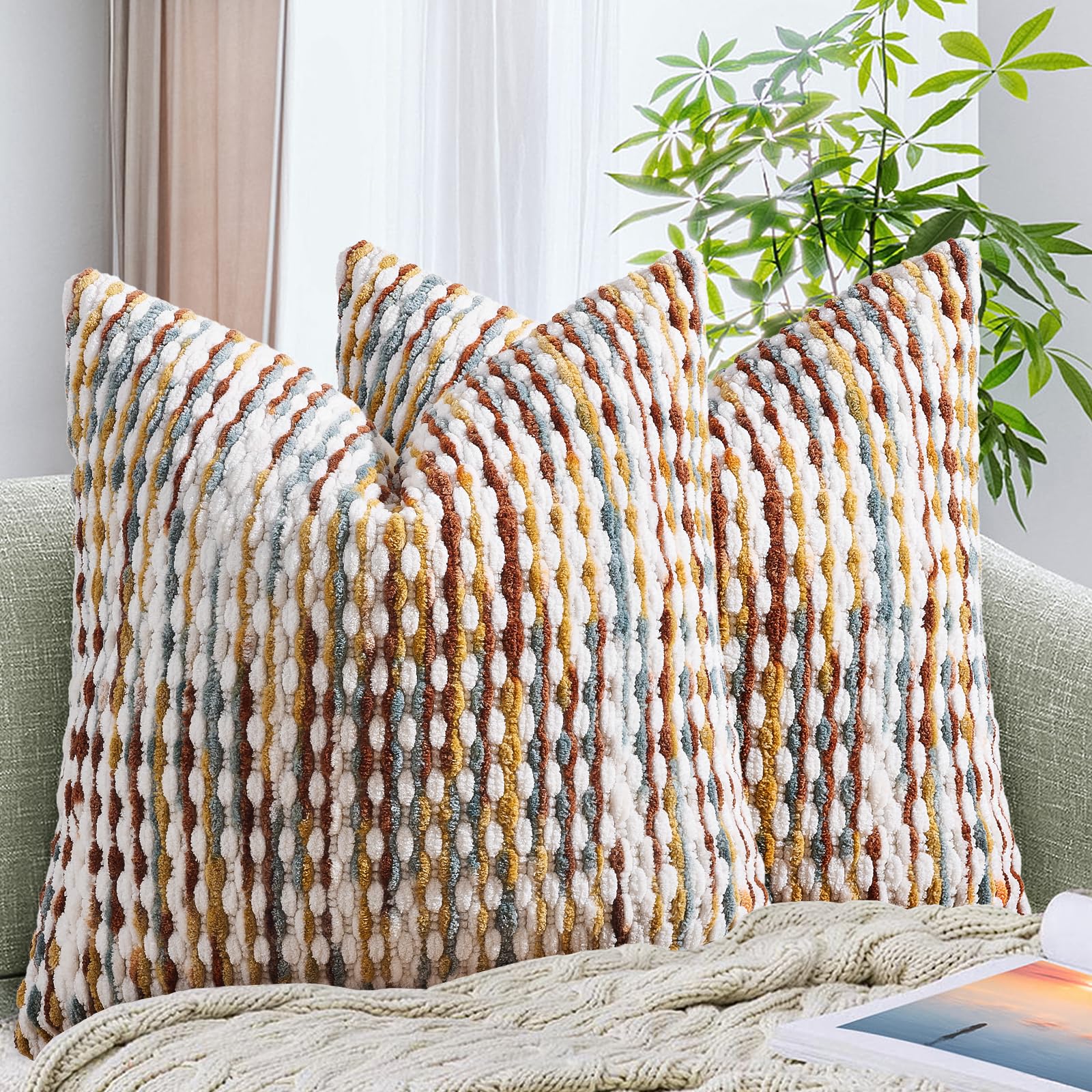 AmHoo Set of 2 Boho Chenille Pillow Cover Decorative Tufted Pillowcase for Couch Bed Sofa Bedroom Living Room Modern 18 x 18-Inch Brown