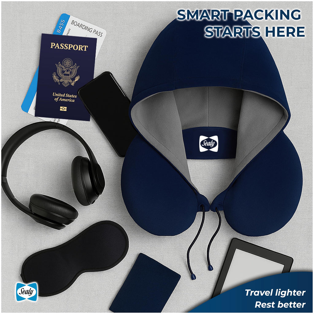 Sealy Travel Pillow - Airplane Neck Pillow with Hood, Travel Neck Pillow for Airplanes, Memory Foam Travel Pillow, Premium Support Travel Pillows for Long Flights