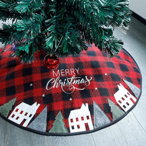 Juegoal 32-Inch Christmas Tree Skirt - Soft Red and Black Plaid Xmas Tree Mat for Holiday Decor
