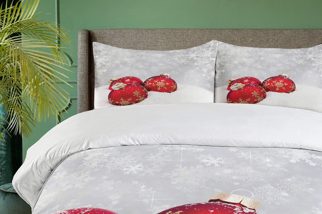 Ambesonne Christmas Duvet Cover Set, Xmas Baubles on Snow with Snowflakes Ice Holiday Humanitarian Artwork Illustration, Decorative 3 Piece Bedding Set with 2 Pillow Shams, Queen Size, White Red
